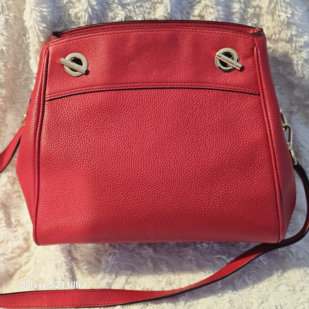Michael Kors Vibrant Red pebble leatherShoulder Bag with Gold Accents.